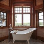 A vintage bathtub with a scenic view